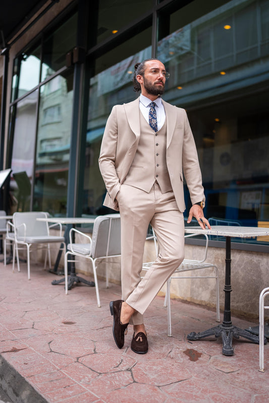 Beige Linen Slim Fit Suit