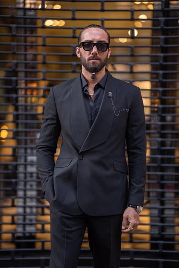 Special Design Wide Collar Single Button Slim Fit black Suit