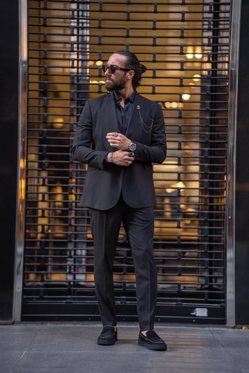 Special Design Wide Collar Single Button Slim Fit black Suit